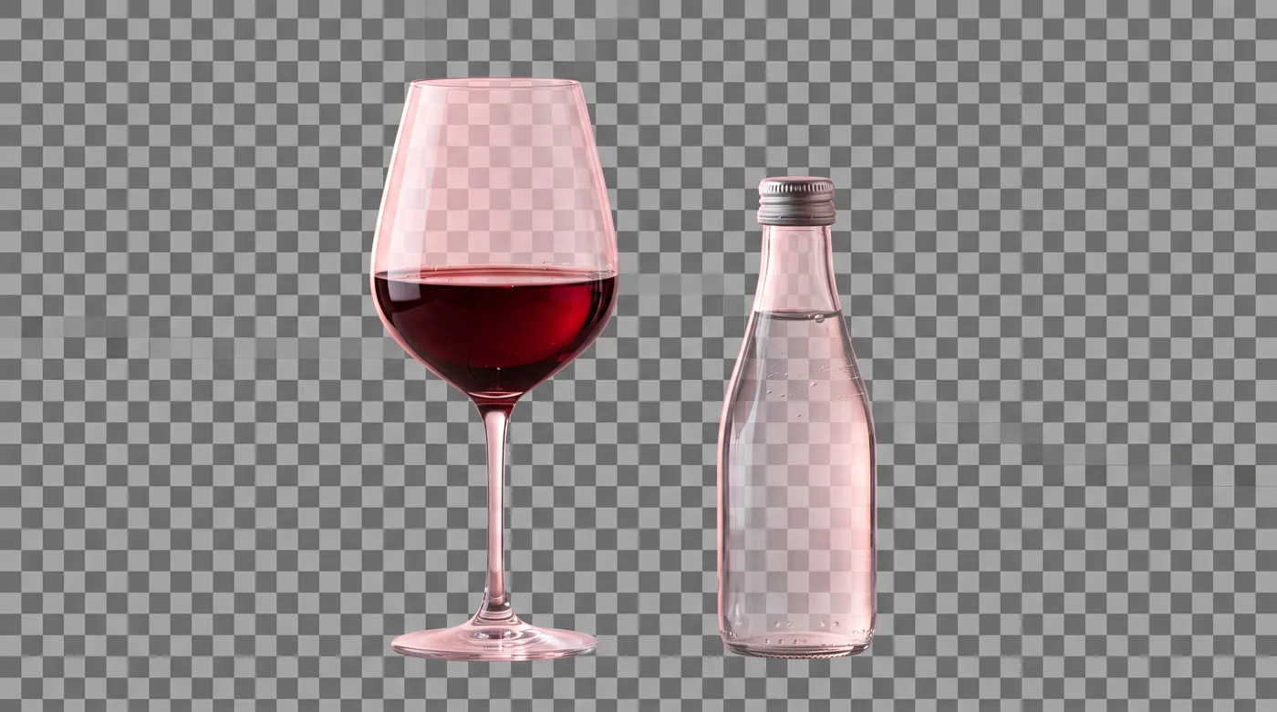 Kozarec rdecega vina in steklenica vode na mehkem ozadju