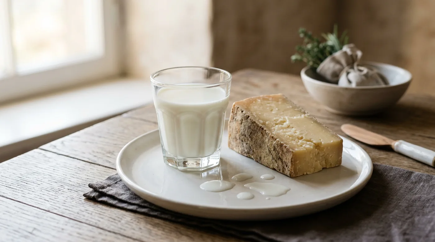 Kozarec mleka ob kosu sira na porcelanasti krožniku v mehki dnevni svetlobi
